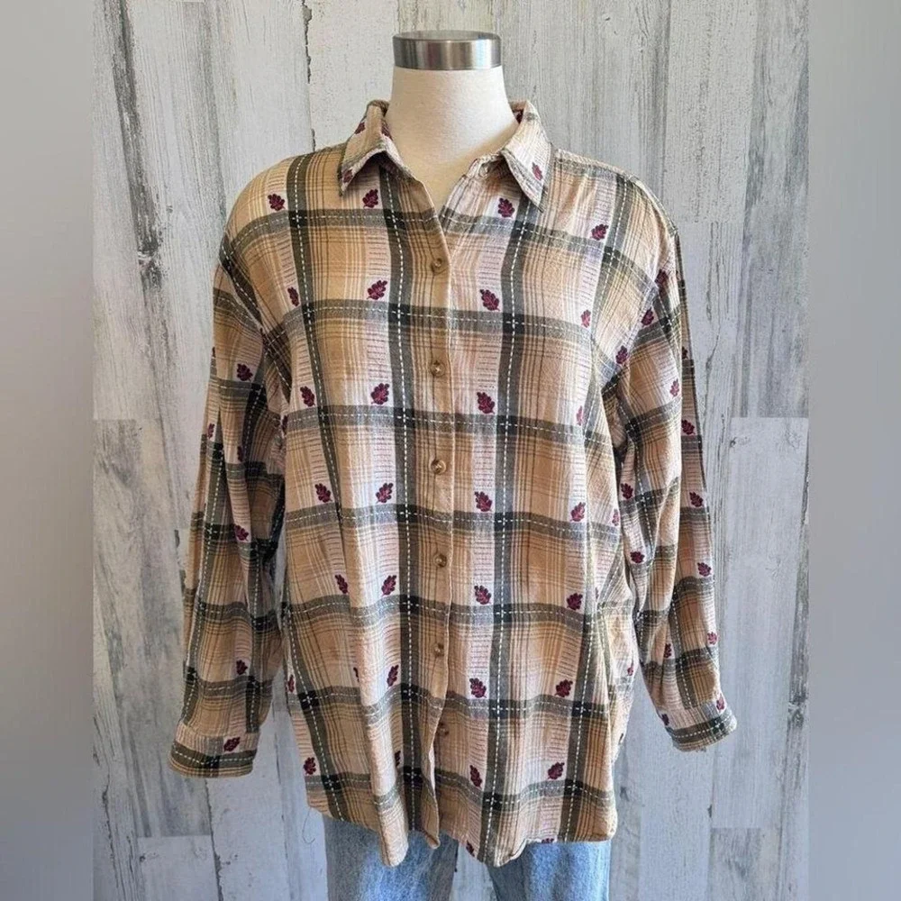 Vintage‎ Plaid Button-Up Shirt 1X Cozy Fall Style Leaf Accents Thanksgiving